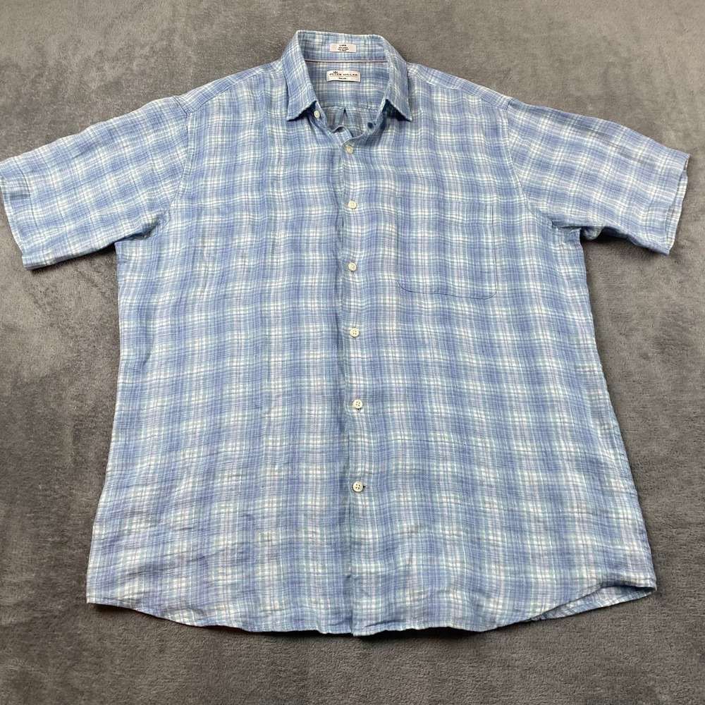 Peter Millar Mens Large Shirt Blue Plaid Seaside 100% Linen Short Sleeve